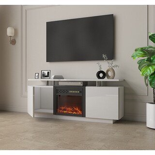High Gloss 63" White TV Cabinet with Built-In Fireplace - Bed Bath ...